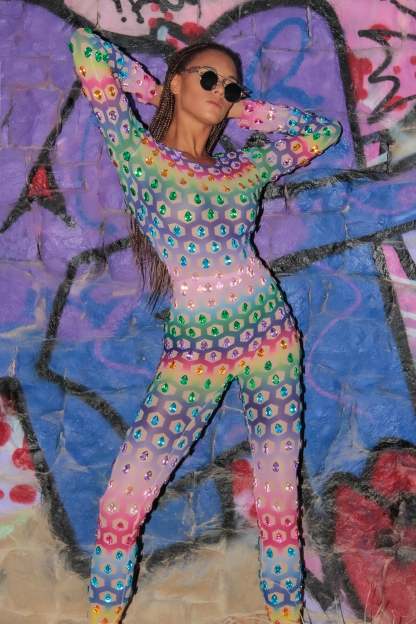 Music Festival Rainbow Rhinestone Two Piece Set