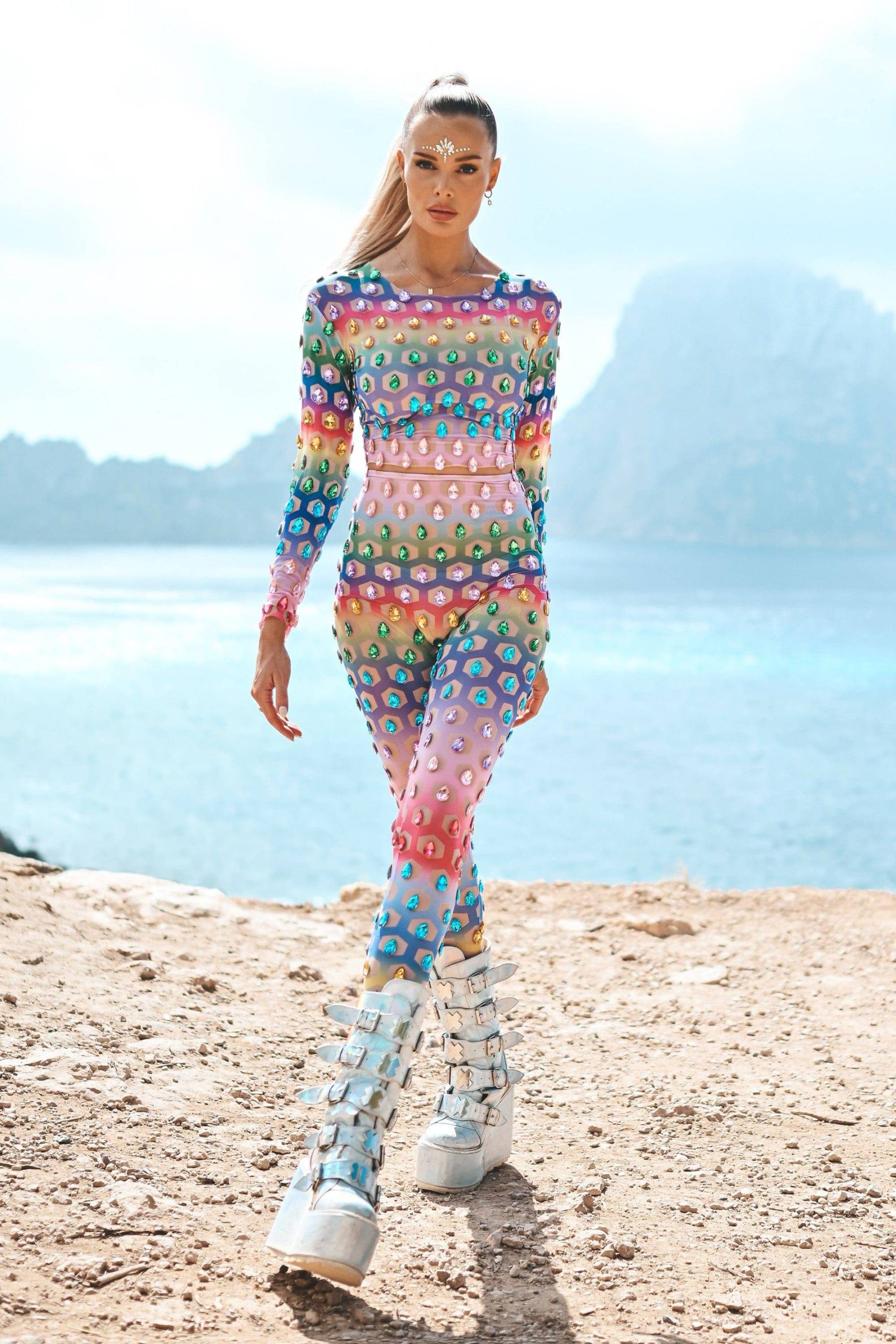 Music Festival Rainbow Rhinestone Two Piece Set