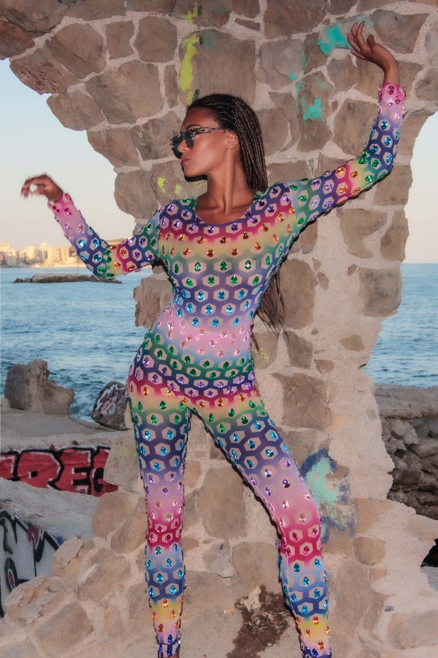 Music Festival Rainbow Rhinestone Two Piece Set