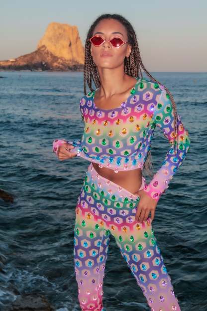Music Festival Rainbow Rhinestone Two Piece Set