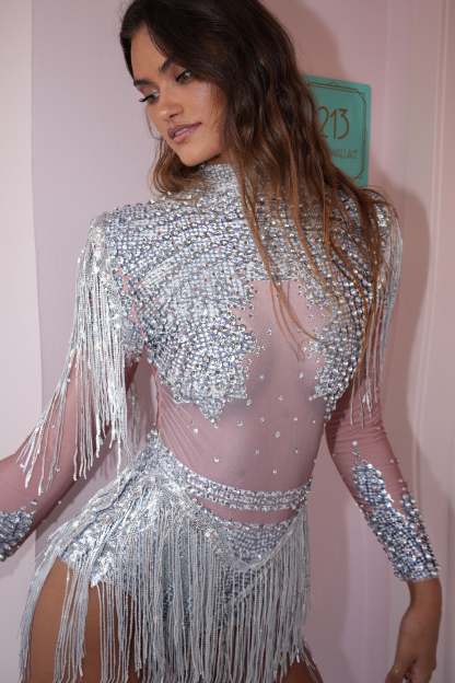 Silver Rhinestone Fringe Mesh Bodysuit