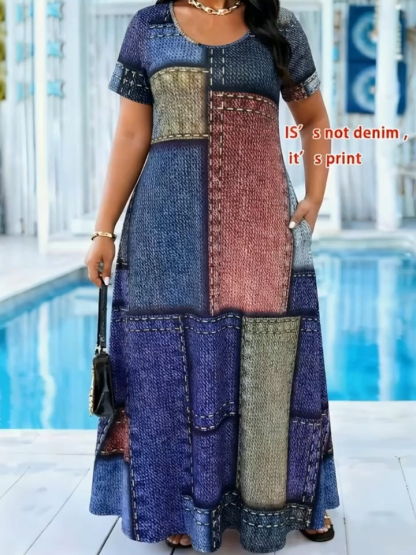 Plus Size Denim Look Patchwork Print Maxi Dress