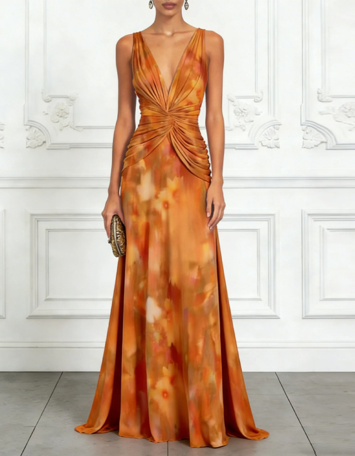 Warm Orange Tie Dye Print V-Neck Knot Maxi Dress