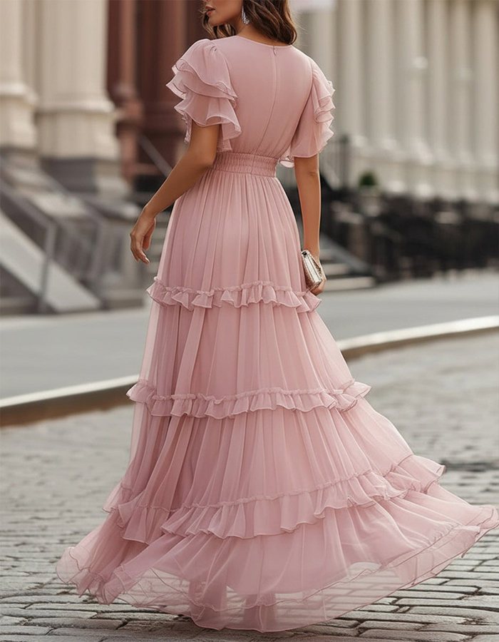 Pink Chiffon Ruffled Hem Maxi Dress