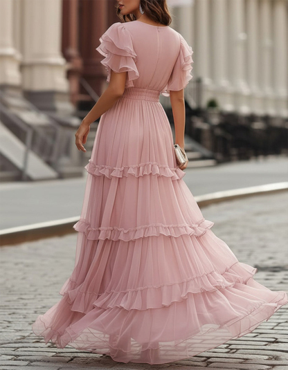 Pink Chiffon Ruffled Hem Maxi Dress