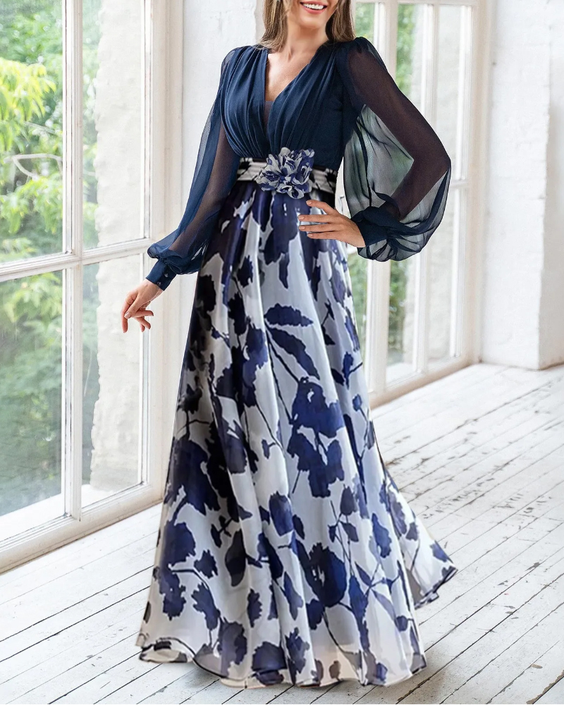 Navy Blue Floral Print Chiffon Long Sleeve Maxi Dress with Flower Belt