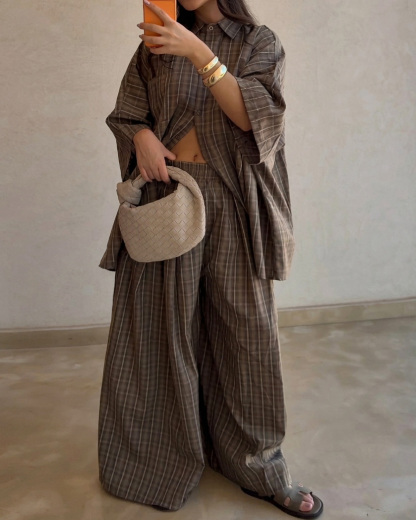 Casual Lapel Plaid Two-Piece Set