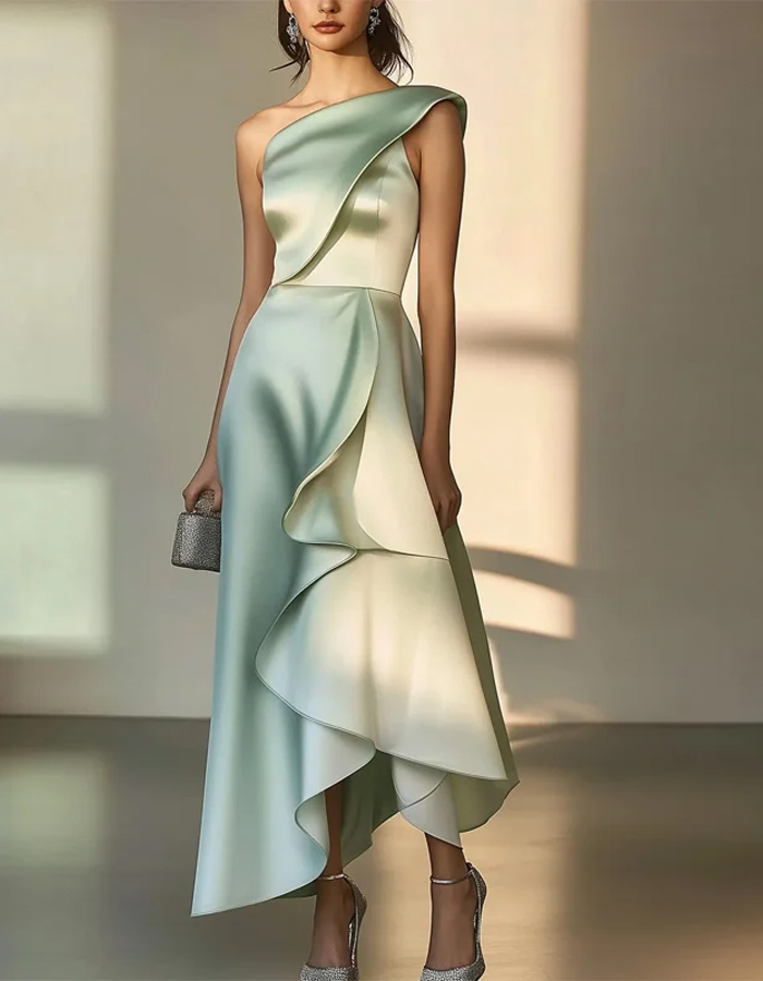 Elegant Mint Green Satin Gown with Asymmetric Ruffle and One-Shoulder Neckline