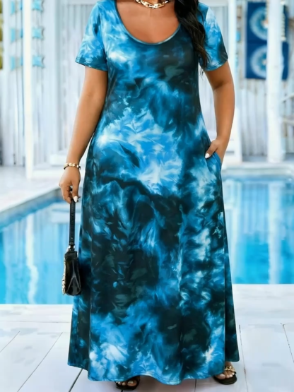 Plus Size Tie Dye Gradient Pocket Maxi Dress