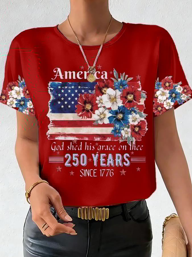 Plus Size Women's 250th Anniversary National Flag Floral Print Casual T-Shirt