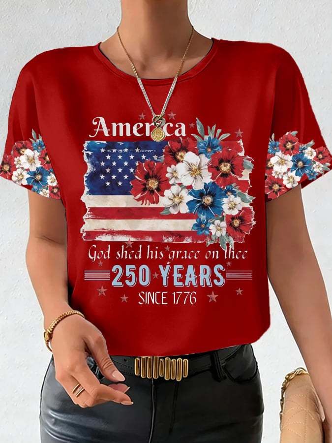 Plus Size Women's 250th Anniversary National Flag Floral Print Casual T-Shirt