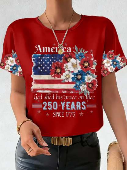 Plus Size Women's 250th Anniversary National Flag Floral Print Casual T-Shirt