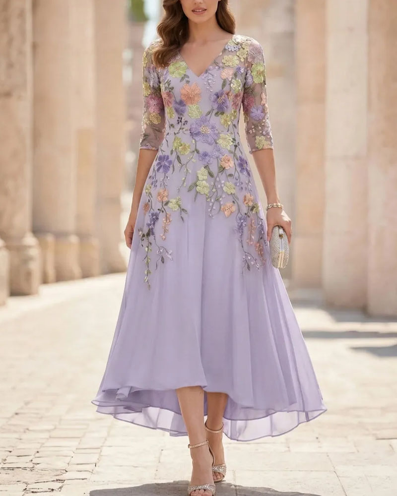 A-Line/Princess V-Neck Chiffon Dresses Half Sleeves Lace Floral Asymmetrical Tea-Length