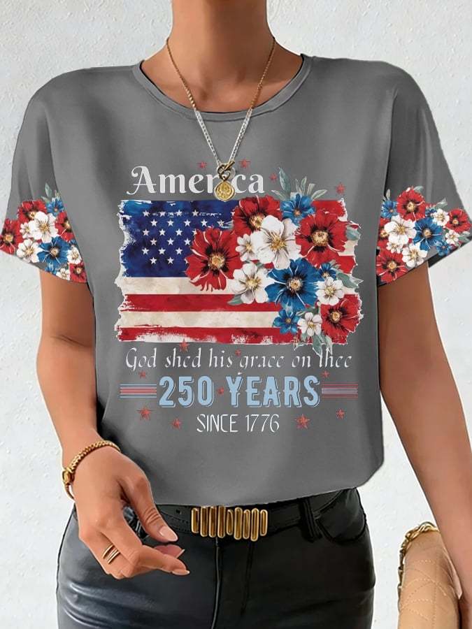 Plus Size Women's 250th Anniversary National Flag Floral Print Casual T-Shirt