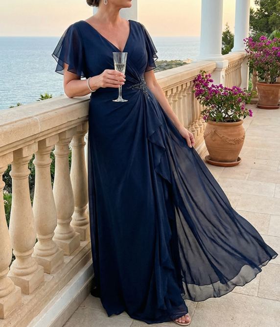 Dark Blue V-neck Chiffon Layered Maxi Dress