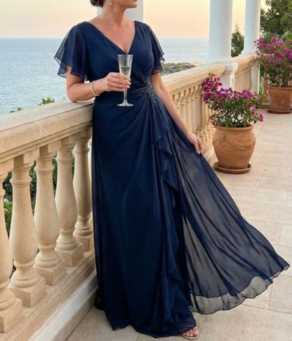 Dark Blue V-neck Chiffon Layered Maxi Dress