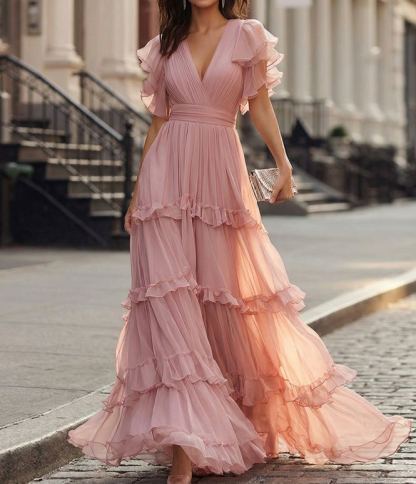 Pink Chiffon Ruffled Hem Maxi Dress