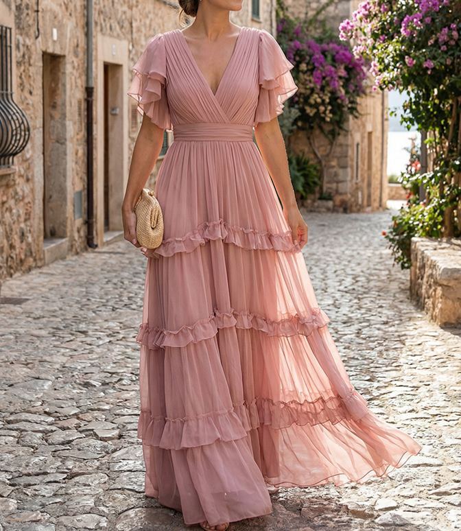 Pink Chiffon Ruffled Hem Maxi Dress