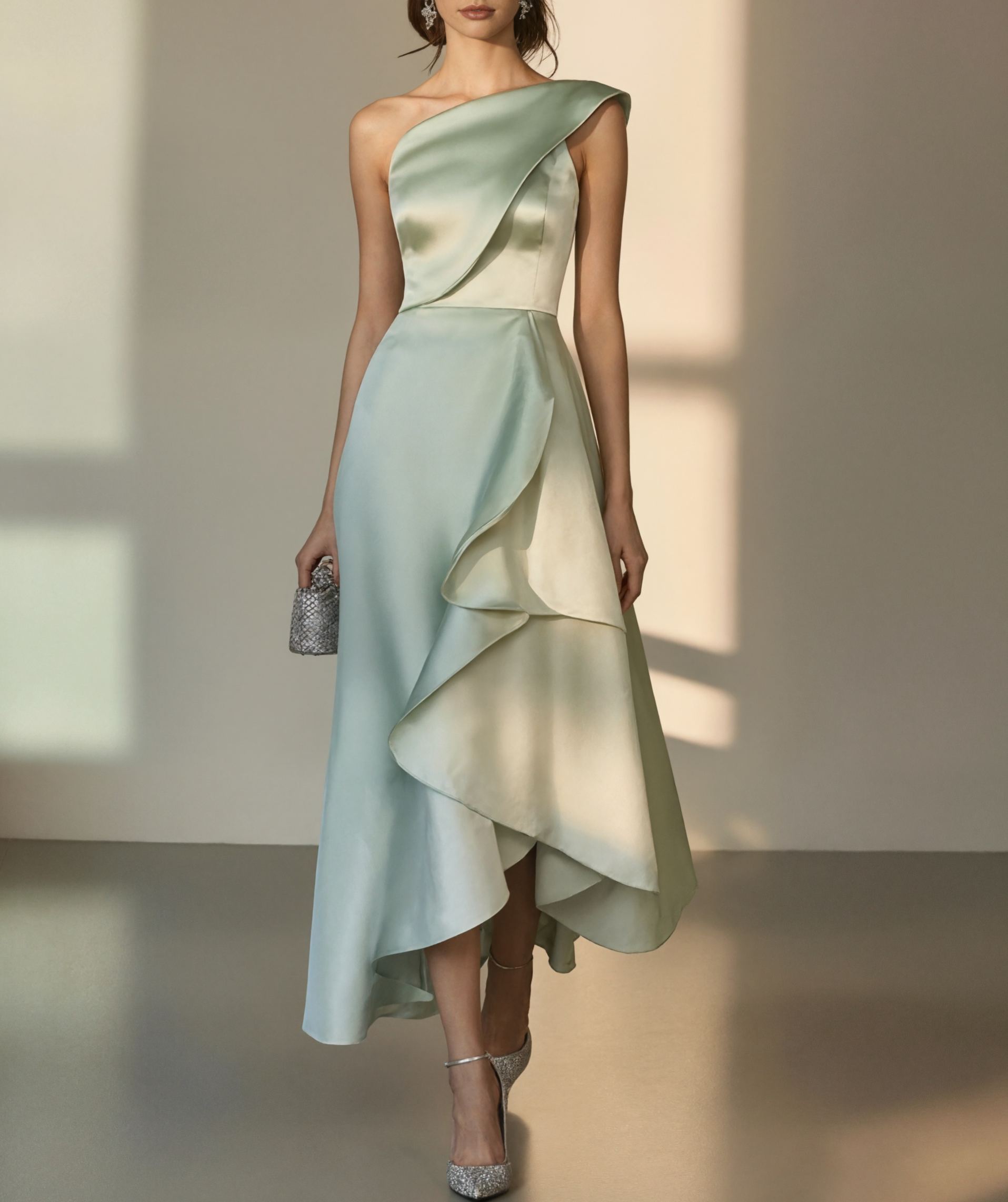 Elegant Mint Green Satin Gown with Asymmetric Ruffle and One-Shoulder Neckline