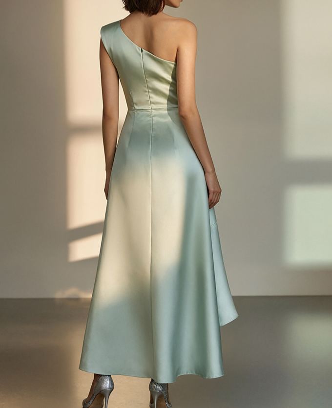 Elegant Mint Green Satin Gown with Asymmetric Ruffle and One-Shoulder Neckline