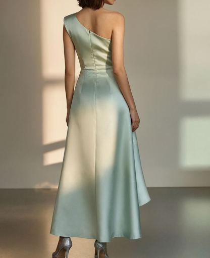 Elegant Mint Green Satin Gown with Asymmetric Ruffle and One-Shoulder Neckline
