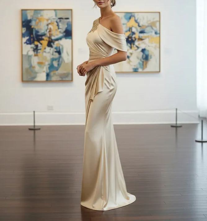 One-Shoulder Lace Satin Maxi Dress