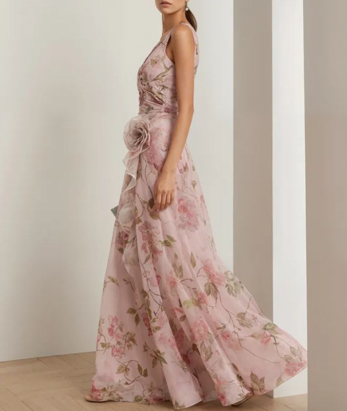 Light Pink Floral Chiffon Deep V-neck Sleeveless Maxi Dress
