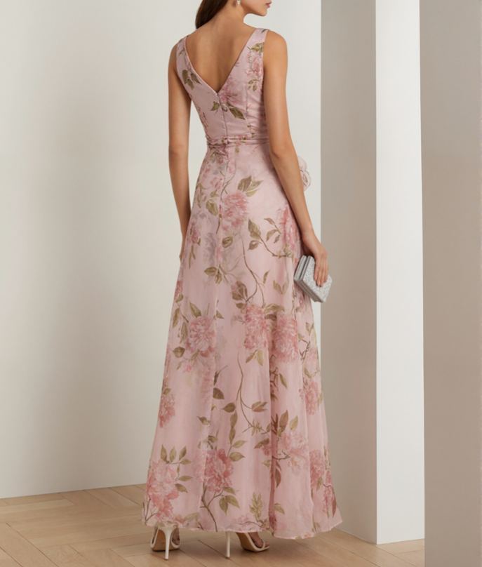 Light Pink Floral Chiffon Deep V-neck Sleeveless Maxi Dress