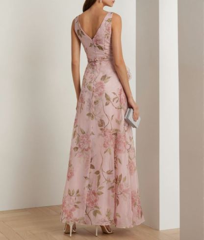 Light Pink Floral Chiffon Deep V-neck Sleeveless Maxi Dress