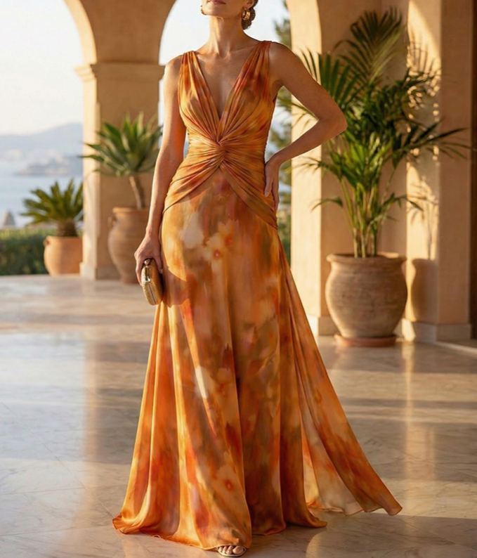 Warm Orange Tie Dye Print V-Neck Knot Maxi Dress