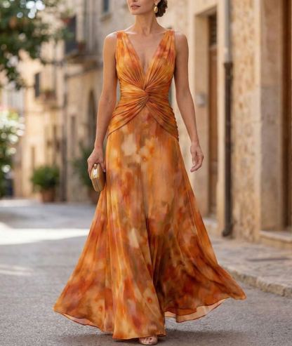 Warm Orange Tie Dye Print V-Neck Knot Maxi Dress