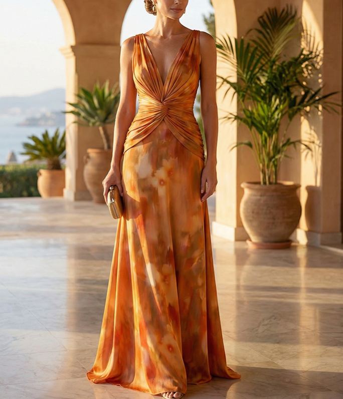 Warm Orange Tie Dye Print V-Neck Knot Maxi Dress