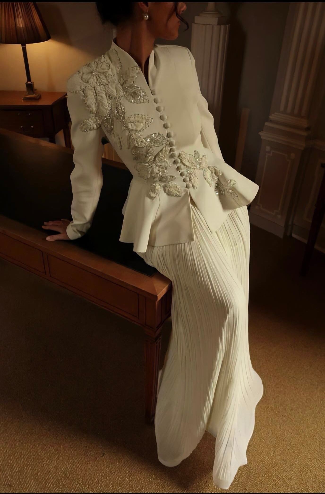 Vintage Embroidered Blazer & Pleated Skirt Set