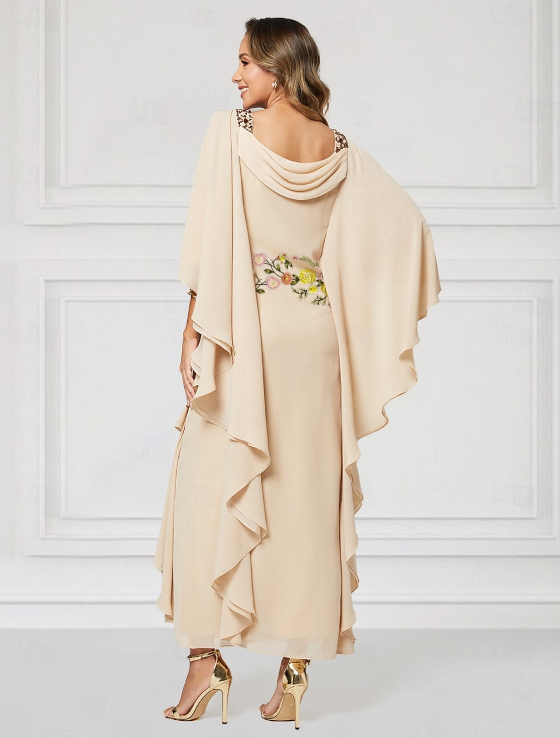 Flowers Floral Print Cape Sleeve Ankle-Length Mother of the Bride Dresses