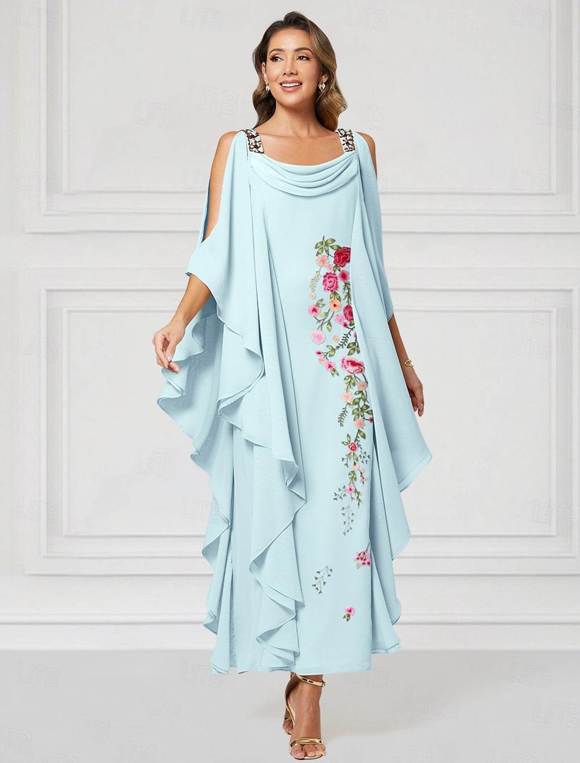 Flowers Floral Print Cape Sleeve Ankle-Length Mother of the Bride Dresses