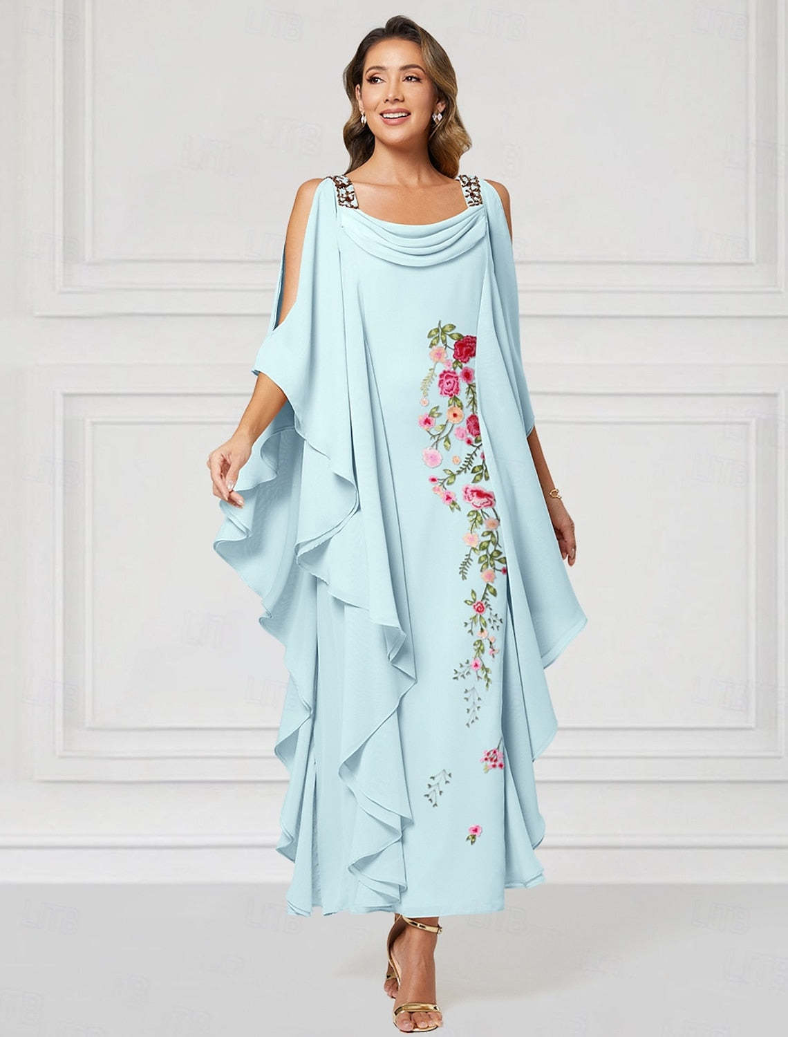 Flowers Floral Print Cape Sleeve Ankle-Length Mother of the Bride Dresses