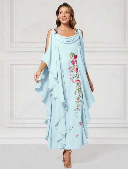 Flowers Floral Print Cape Sleeve Ankle-Length Mother of the Bride Dresses
