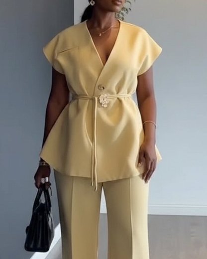 Sleeveless casual solid color two - piece set - MismiDaily - Two - piece