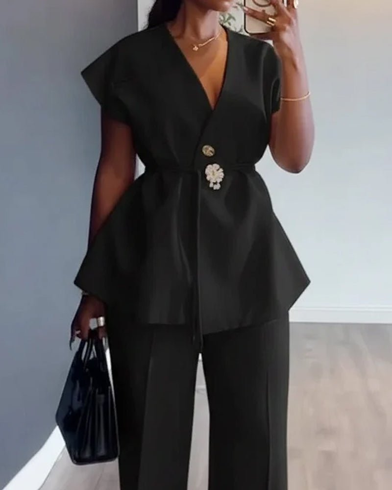 Sleeveless casual solid color two - piece set - MismiDaily - Two - piece