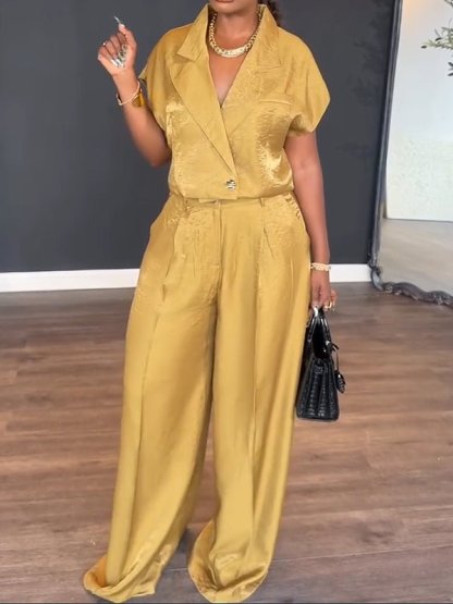 Collared short - sleeved solid color two - piece set - MismiDaily - Two - piece