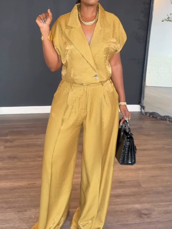 Collared short - sleeved solid color two - piece set - MismiDaily - Two - piece