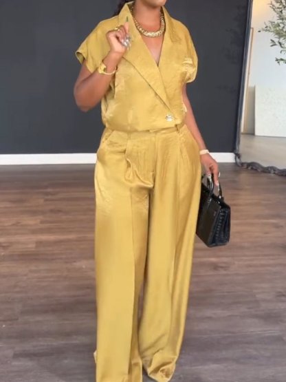 Collared short - sleeved solid color two - piece set - MismiDaily - Two - piece