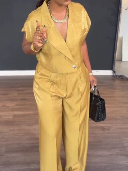 Collared short - sleeved solid color two - piece set - MismiDaily - Two - piece