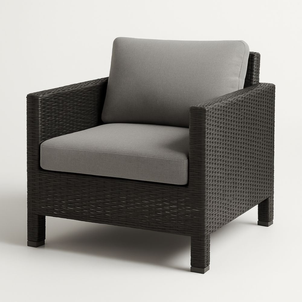 Fauteuil extérieur en résine tressée noir avec coussins gris en polyester