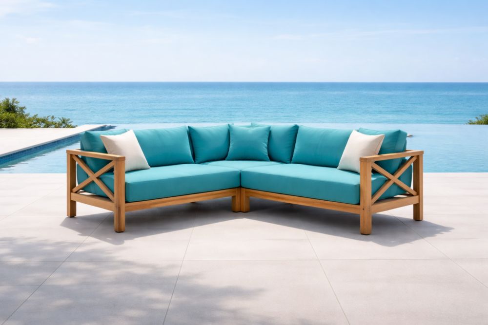 Canapé d'angle extérieur en bois avec coussins turquoise