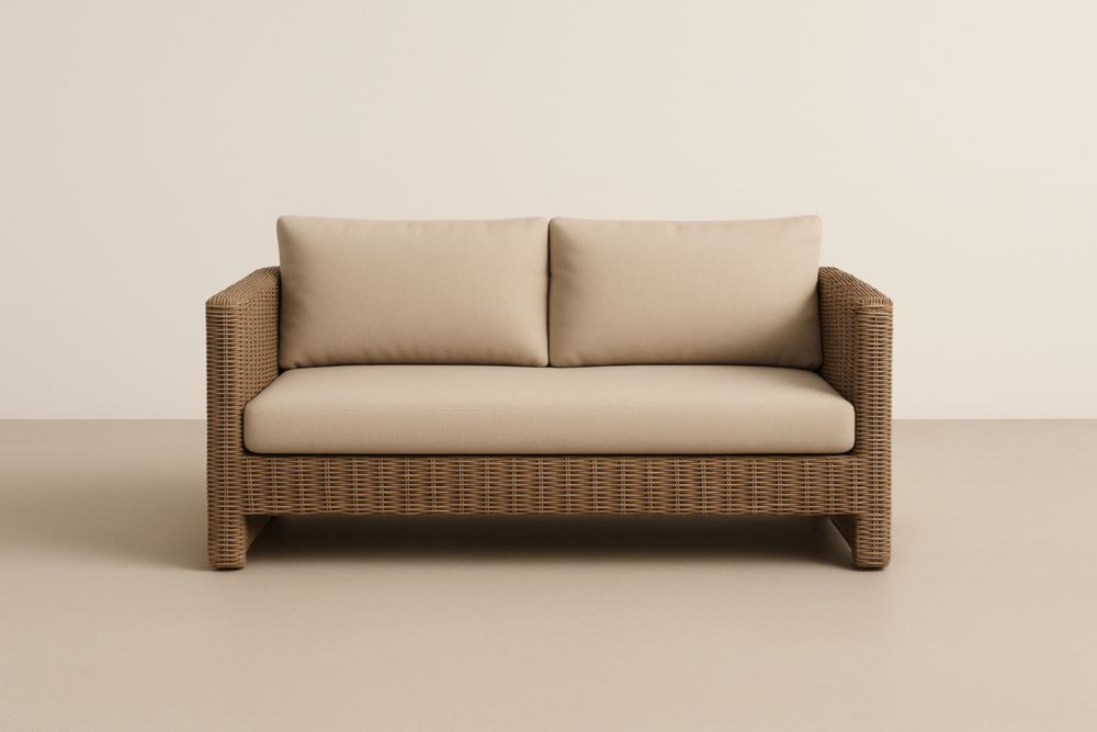 Canapé de jardin deux places en rotin synthétique avec coussins beige