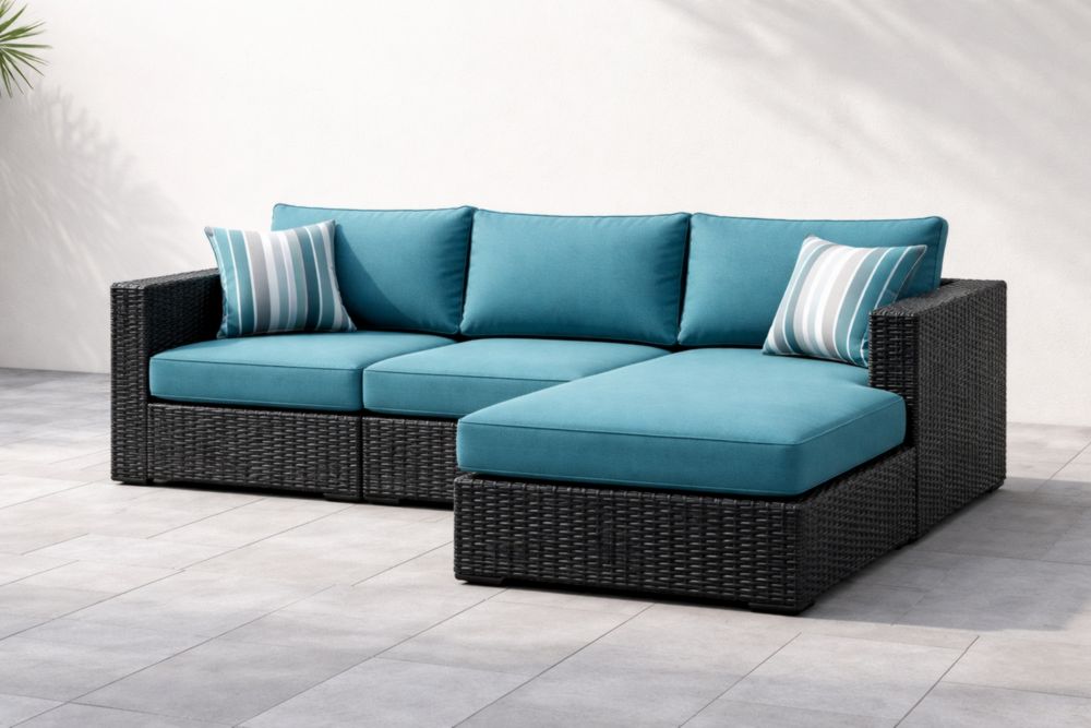 Canapé d'angle extérieur en résine tressée avec coussins turquoise