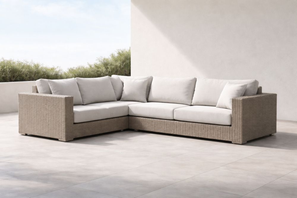 Canapé d'angle en résine tressée beige avec coussins en polyester