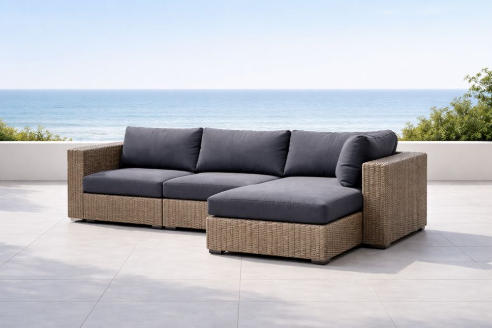 Canapé d'angle en résine tressée et tissu gris pour extérieur