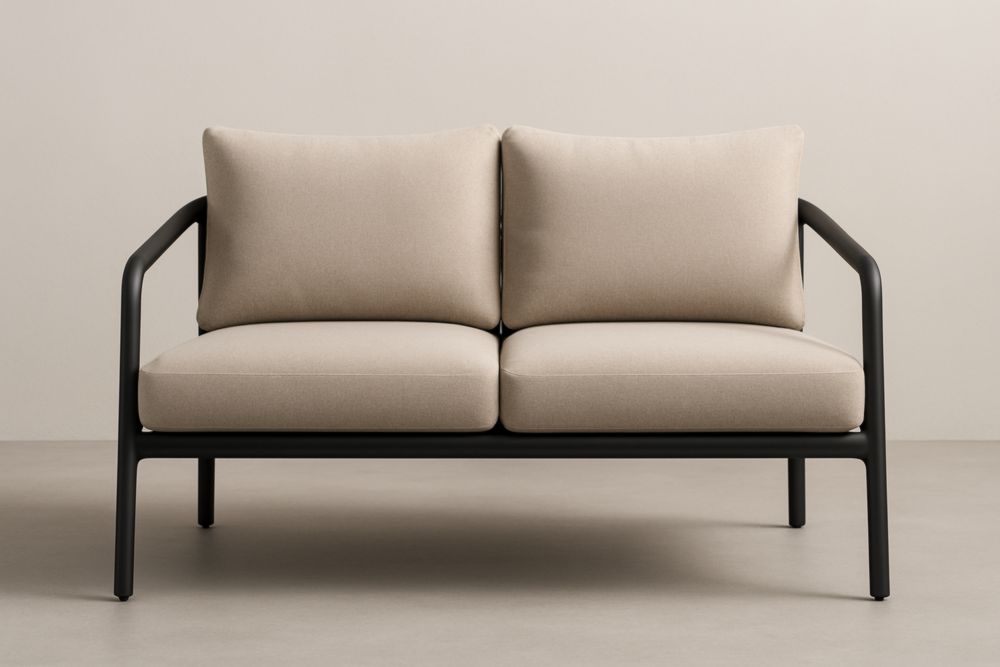 Canapé de jardin deux places en aluminium avec coussins en tissu polyester taupe